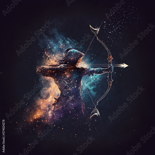 Archery Sagittarius Horoscope Sign. Ai Generated Illustration. Outer Space Background. Lunar Zodiac.