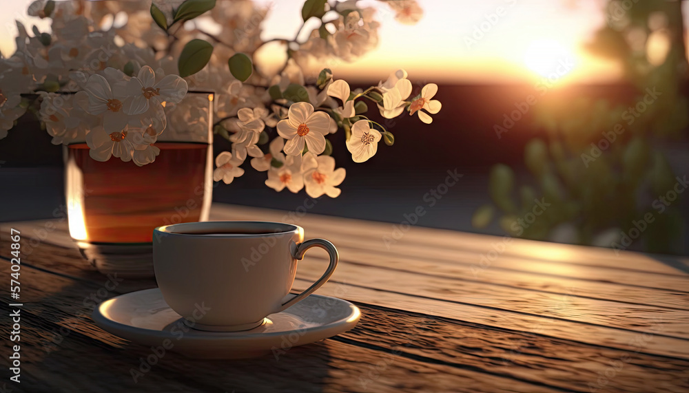 Coffee in cup on wooden table with flowers in spring season, calm and relax coffee, hot beverage, Morning drinks with Generative AI. - obrazy, fototapety, plakaty 