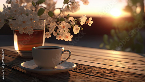 Fotografia Coffee in cup on wooden table with flowers in spring season, calm and relax coffee, hot beverage, Morning drinks with Generative AI