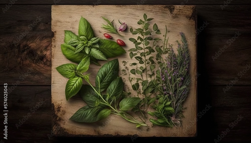 a cutting board with herbs on it on a wooden surface. generative ai a cutting board with herbs on it on a wooden surface. generative ai