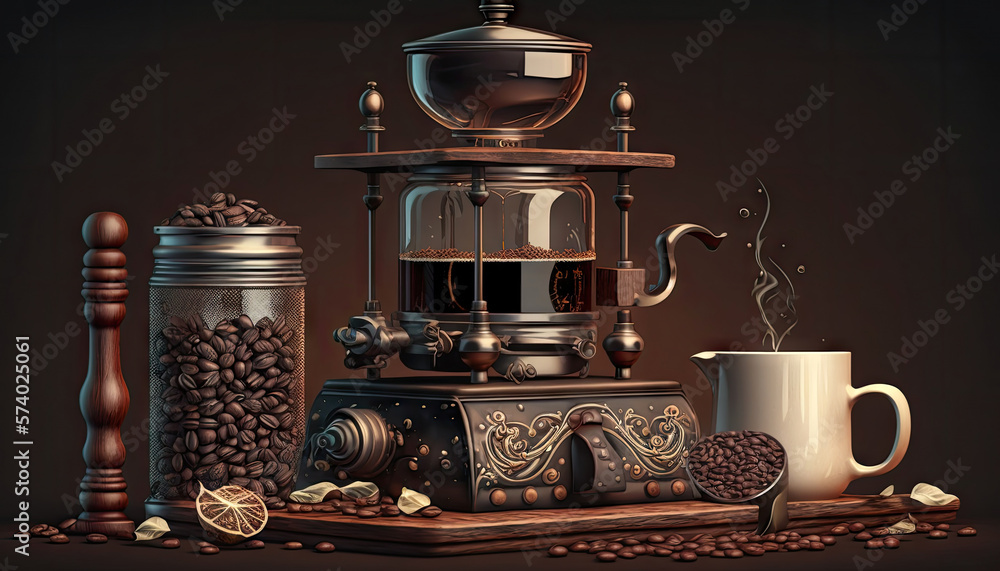 Close up coffee extraction or pouring espresso shot from coffee machine with sunset sky, copy space, brewing drinks, making morning coffee, extract flavor, with Generative Ai.