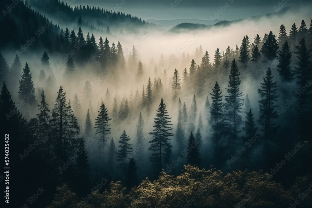 Forest landscape view from above, foggy forest