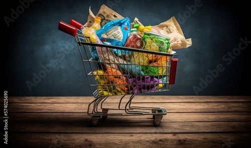  a shopping cart full of groceries on a wooden table with a dark background.  generative ai photo