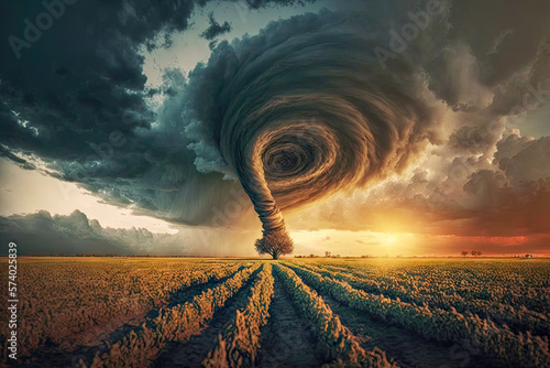 tornado in a field with a lone tree