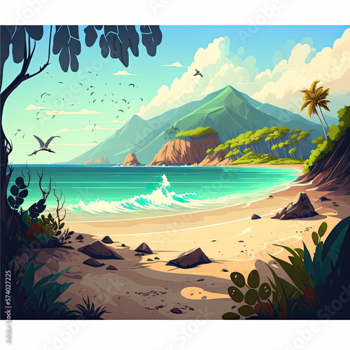 Idyllic sandy tropical beach sea landscape  ocean seashore. Paradise island panorama with palm tree  mountains and sky  exotic resort summer vacation cartoon concept illustration. Generative AI.