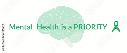 Mental Health is Priority Green Ribbon Vector Banner Psychological Wellness