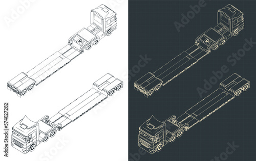 Truck with low bed trailer isometric blueprints