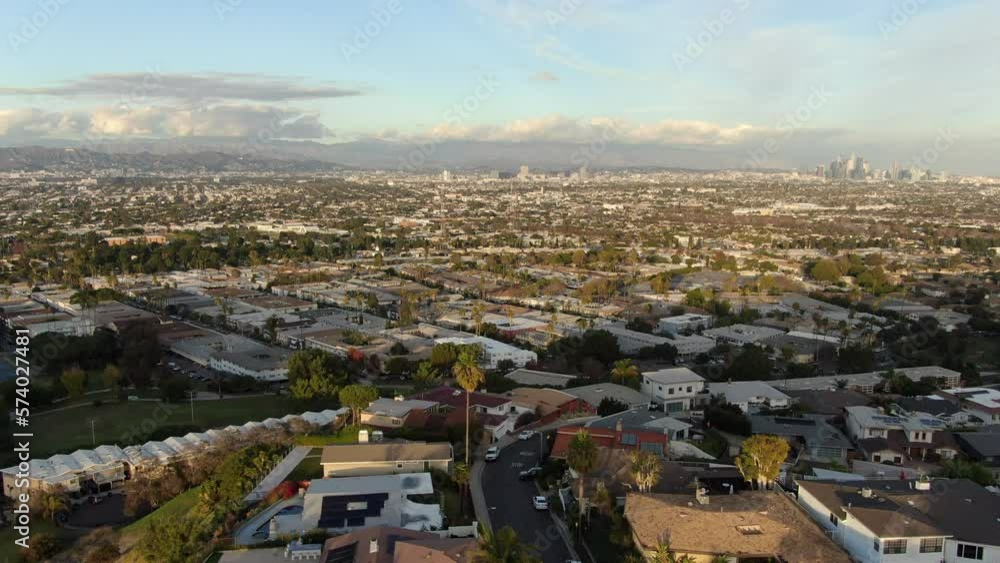 Los Angeles Downtown Sunset Panorama Aerial Shot Over Baldwin Hills California USA Los Angeles Downtown Sunset Panorama Aerial Shot Over Baldwin Hills California USA