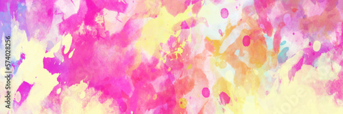 Abstract bright colorful yellow, pink, orange, blue watercolor drawing on white paper background.