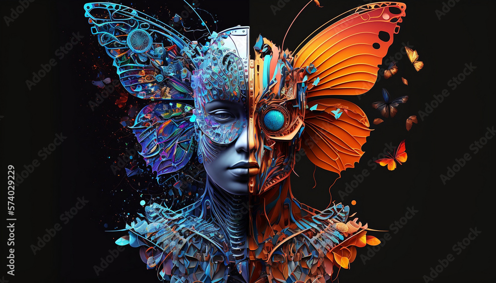 abstract image of a man and a butterfly, in mixed styles on a dark background, colorful ornament abstract image of a man and a butterfly, in mixed styles on a dark background, colorful ornament