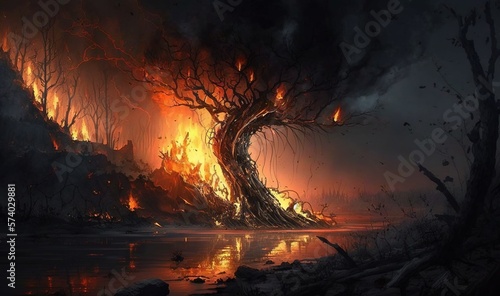  a painting of a tree on fire in a dark forest. generative ai