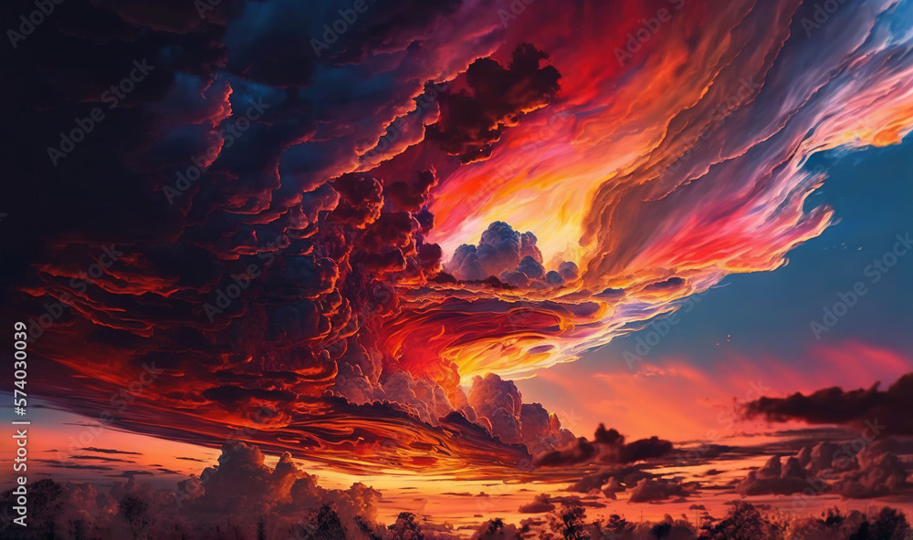  a painting of a colorful sky with clouds in the background.  generative ai