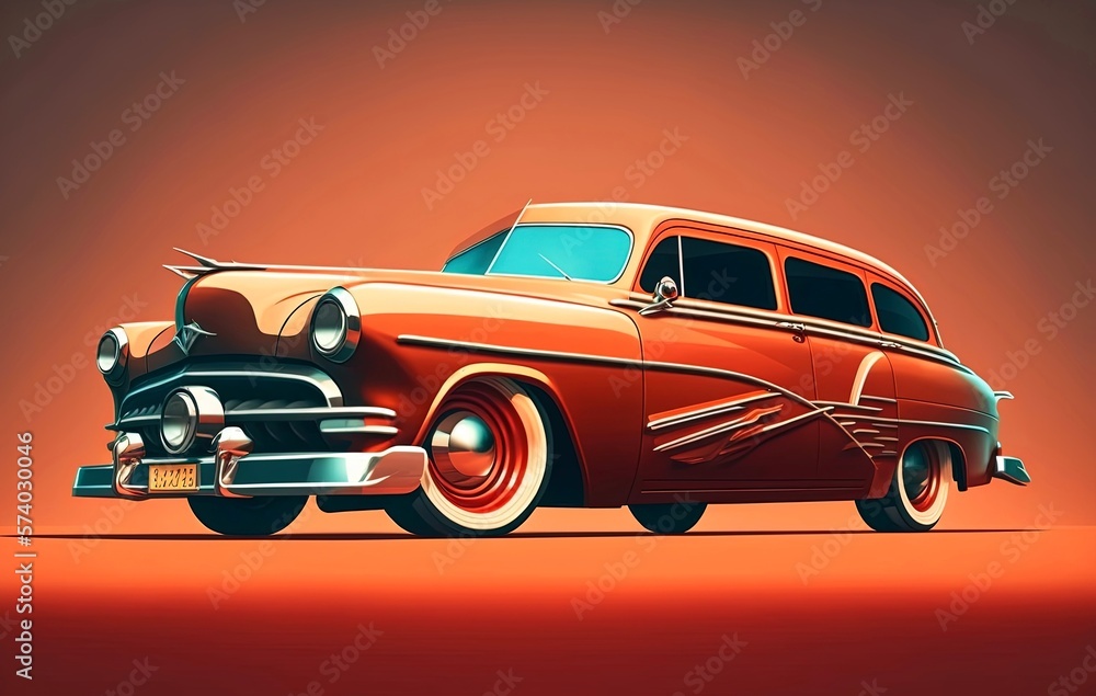 Classic retro styled car mockup on red background, front left side view. Generative Ai.