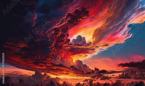  a painting of a colorful sky with clouds in the background.  generative ai © Anna