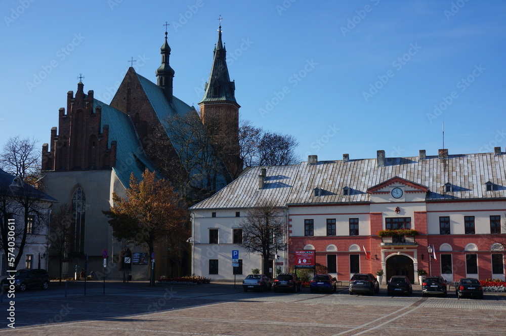 Fototapeta premium Town Hall, Basilica of St. Andrew the Apostle (Bazylika sw. Andrzeja Apostola). Olkusz, Poland.