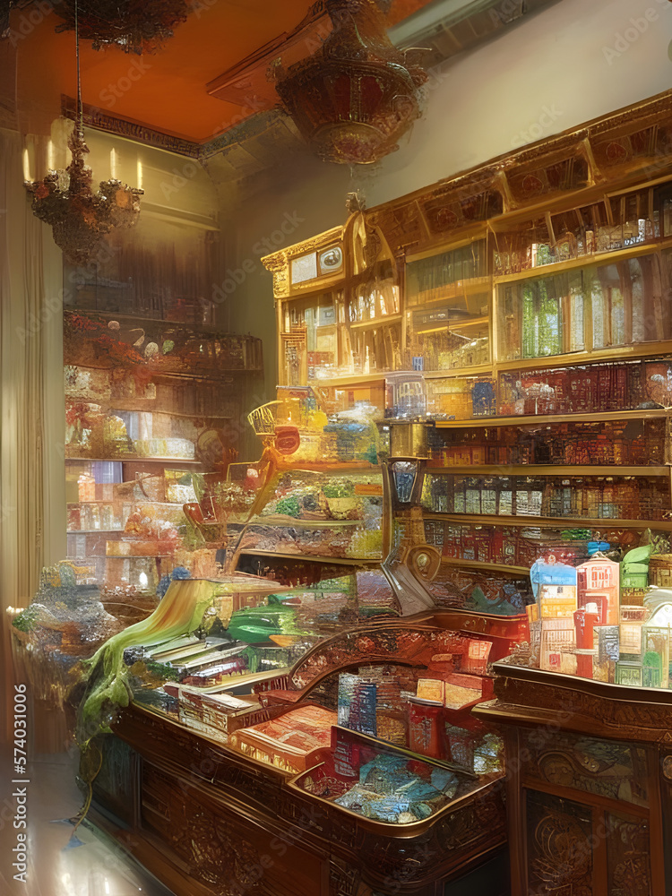 The interior of an old fashioned candy store with jars of sweets and confectioneries on shelves. generative ai illustration