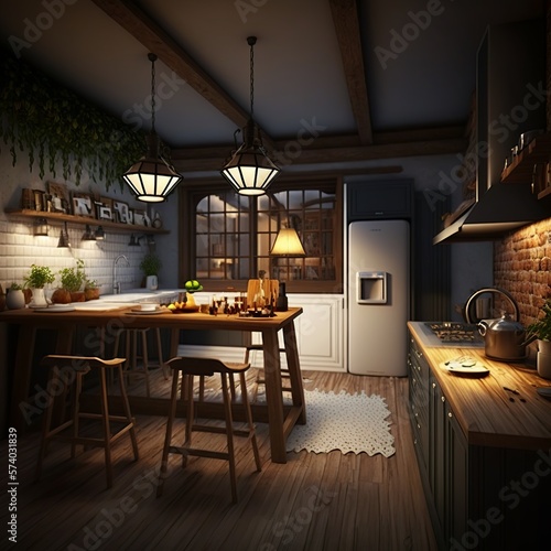 modern kitchen interior design illustration at night with lights