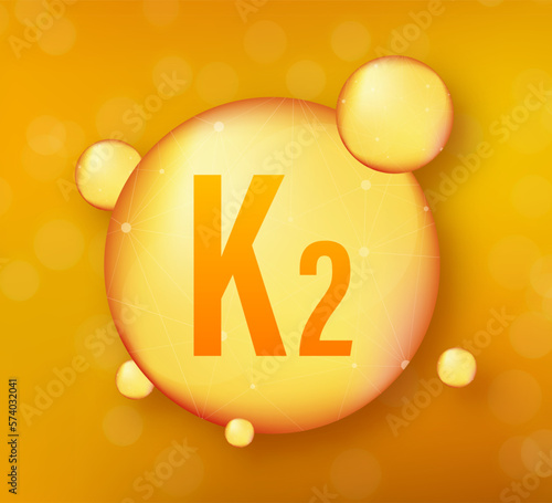 Vitamin K2 gold shining icon. Ascorbic acid. Vector illustration