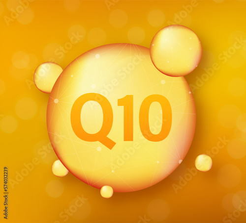 Coenzyme Q10. Gold vector oil icon. Enzyme drop pill capsule. Vector stock illustration.