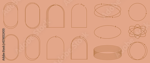 Set of modern aesthetic line frames, arcs, stars and elements. Decorative boho style. Vector illustration
