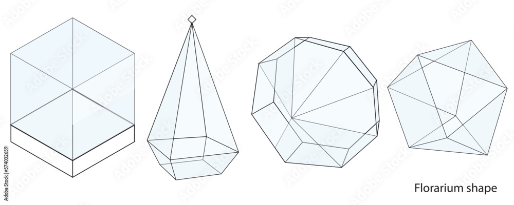 Glass florarium of different geometric shapes. Empty transparent vase for plants. Vector set of individual elements. Glass florarium of different geometric shapes. Empty transparent vase for plants. Vector set of individual elements.