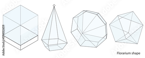 Glass florarium of different geometric shapes. Empty transparent vase for plants. Vector set of individual elements.