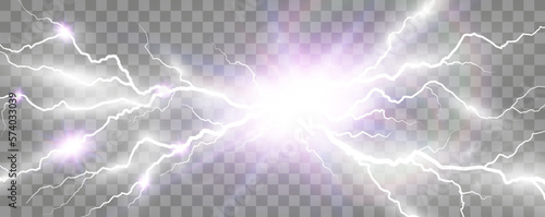 Vector image of realistic lightning. Flash of thunder on a transparent background.	
