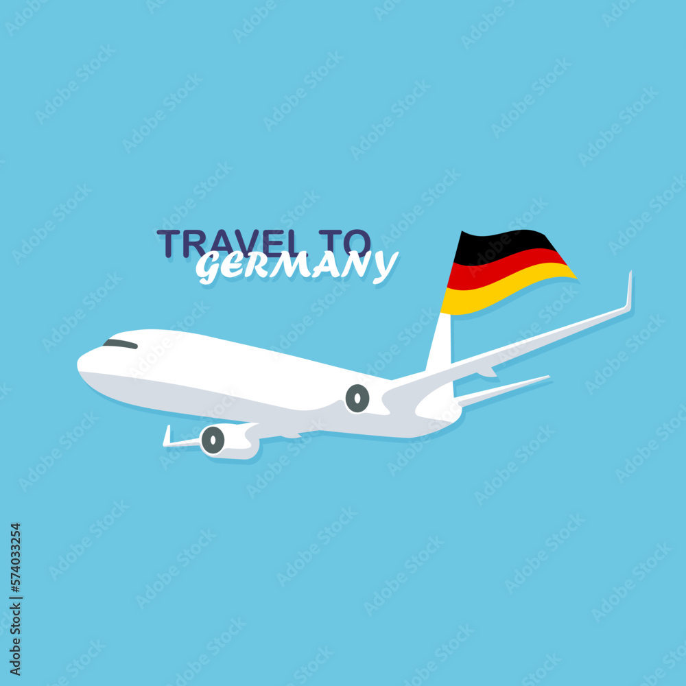 Flying plane in the sky with germany national flag. Travel to Germany. Vector illustration poster in trendy flat style.