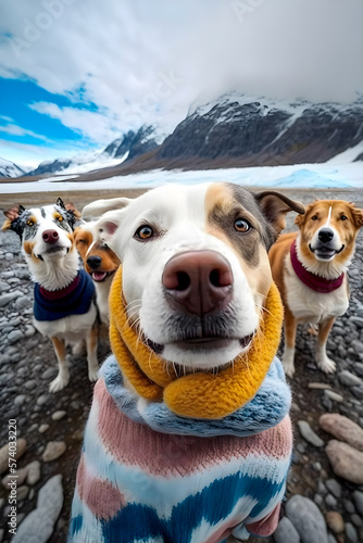 Dogs friends taking a selfie during a winter trip Generative AI