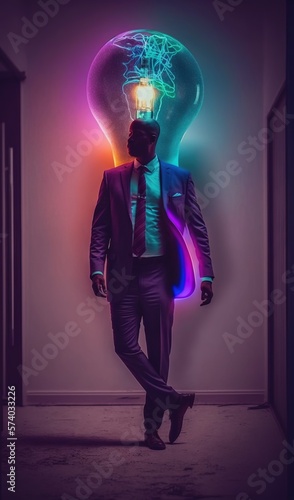  a man in a suit and tie standing in front of a neon light bulb with a light bulb on it's head and a neon light bulb above his head. generative ai