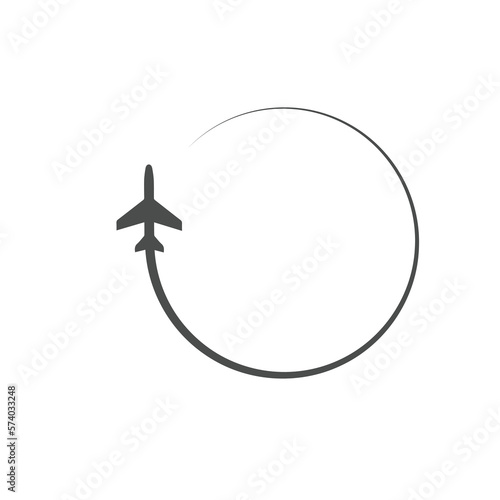 Plane black icon. Airplane path. Airline circle route. Vector illustration isolated on white background.	