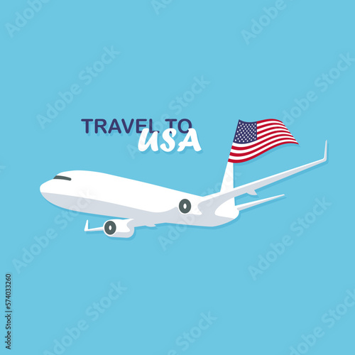 Flying plane in the sky with american national flag. Travel to USA. Vector illustration poster in trendy flat style.