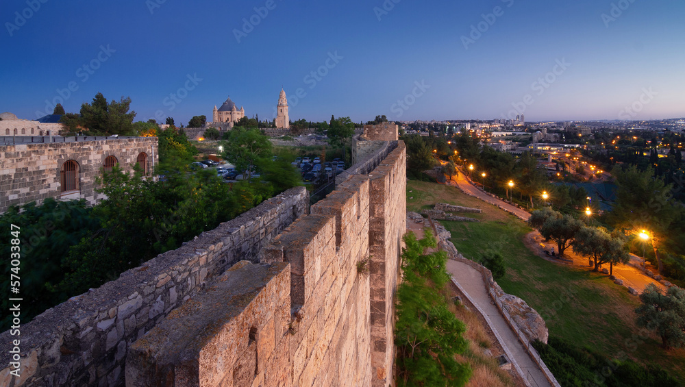 Jerusalem: Abbey of the dormition, night panorama from Old City Wall