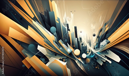  an abstract painting of a cityscape with lots of different shapes and sizes of lines and circles on a yellow background with a black and white background.  generative ai
