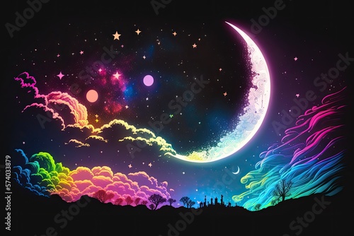 Illustration of a starry sky with moon and clouds, neon color. Generative AI