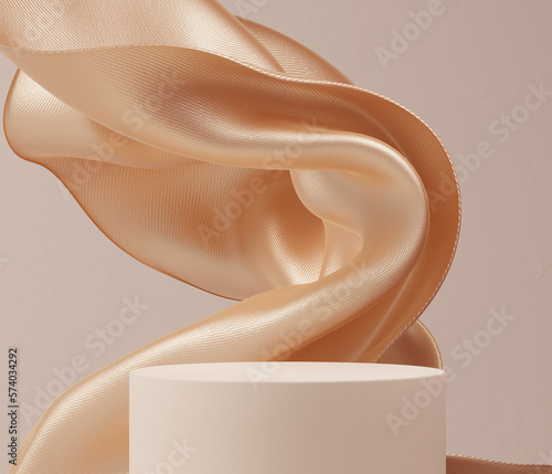 product display podium and cloth, geometric round platform, 3d rendering background, stand and golden fabric texture. Showcase pedestal beige pastel color.