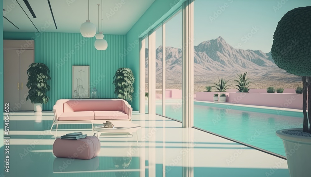 1970s Retro Luxury Pool Villa Interior with Modern Minimalist Style and ...