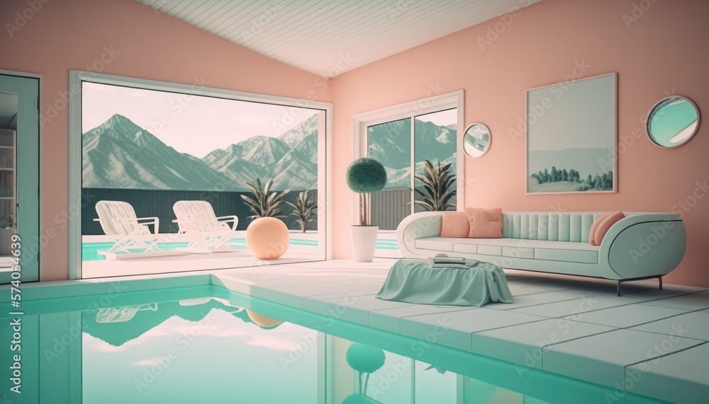 1970s Retro Luxury Pool Villa Interior with Modern Minimalist Style and ...