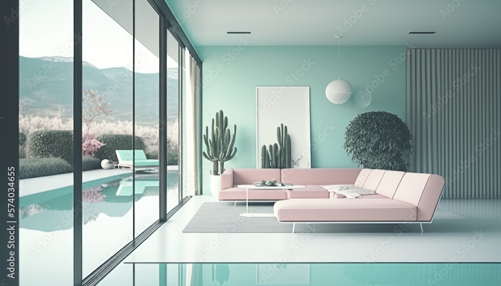 1970s Retro Luxury Pool Villa Interior with Modern Minimalist Style and ...