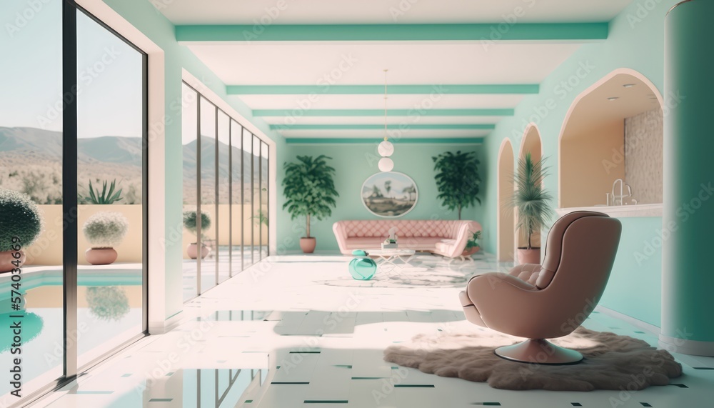 1970s Retro Luxury Pool Villa Interior with Modern Minimalist Style and ...