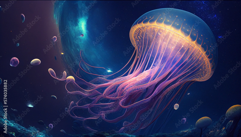 World jellyfish day. Glowing jellyfish on a dark background seascape. International day of the oceans. Ai generated. - obrazy, fototapety, plakaty 
