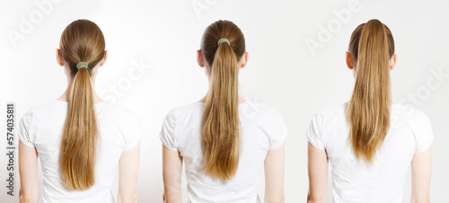 Closeup woman different ponytails back view isolated white background. Hair Natural blonde straight long Hairstyle. Easy quick simple making styling ponytail. Hair-extensions for beautiful pony tail