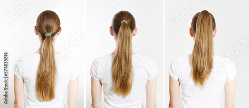 Closeup woman before after ponytails back view isolated white background. Hair Natural blonde straight long Hairstyle. Easy quick simple making styling ponytail. Hair-extensions for pony tail