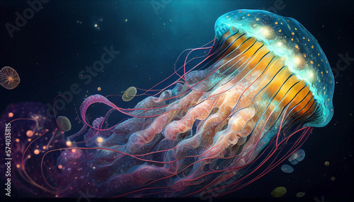 World jellyfish day. Glowing jellyfish on a dark background seascape. International day of the oceans. Ai generated.