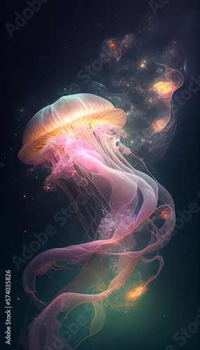 World jellyfish day. Glowing jellyfish on a dark background seascape. International day of the oceans. Ai generated.