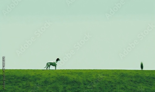  a dog standing on top of a lush green field next to a tall tree on top of a lush green field with a lone tree in the distance. generative ai