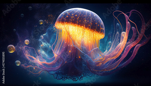 World jellyfish day. Glowing jellyfish on a dark background seascape. International day of the oceans. Ai generated. photo