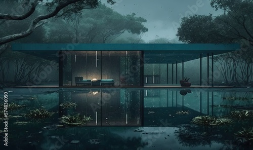  a house in the middle of a forest with a pool in the middle of the room and a couch in the middle of the room.  generative ai