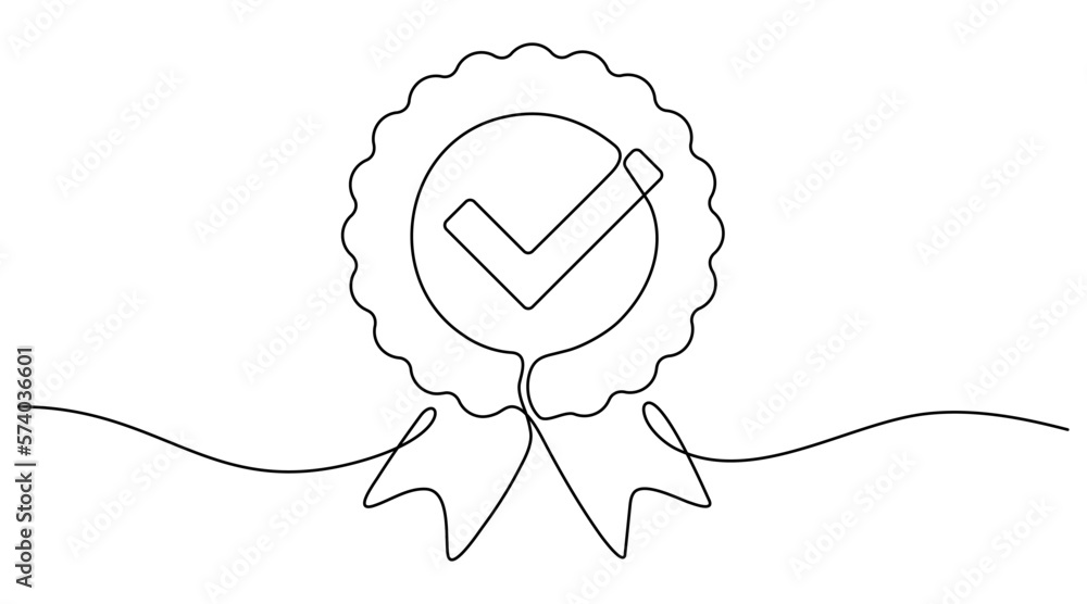 Award badge continuous one line art drawing. Approval check ribbon contour line sign. Vector illustration isolated on white. Award badge continuous one line art drawing. Approval check ribbon contour line sign. Vector illustration isolated on white.