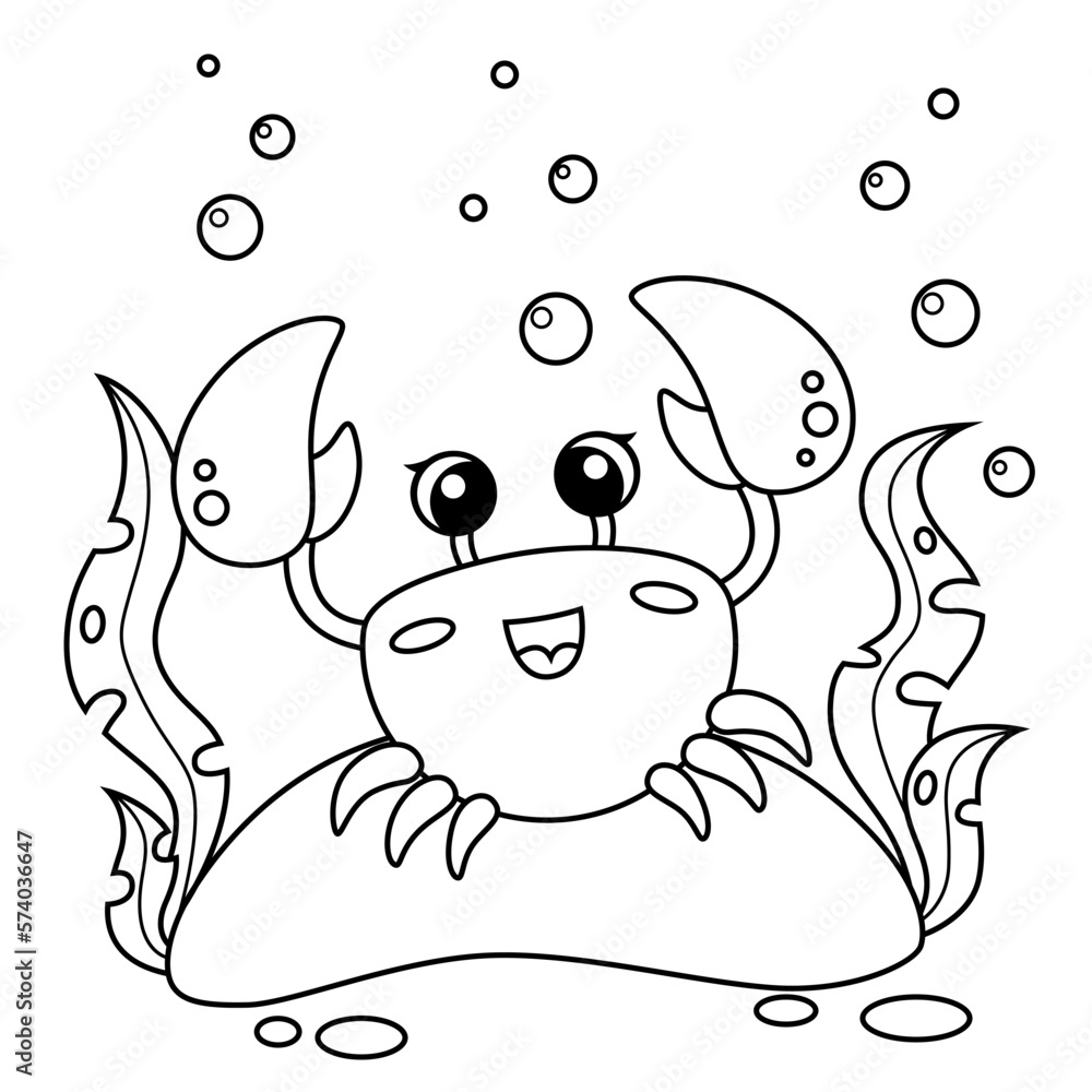 Cute cartoon crab. Black and white vector illustration for coloring book Stock Vector Adobe Stock
